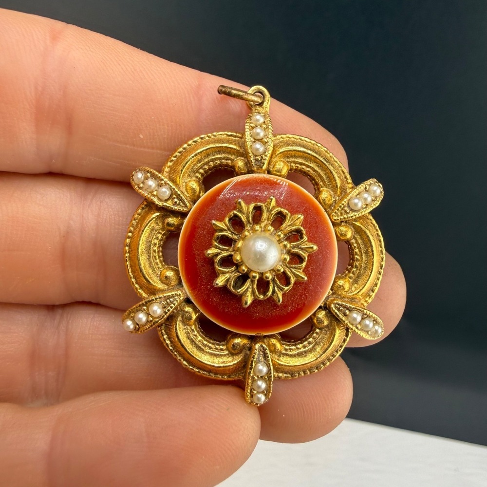 Vintage Estate Pendant Gold Tone Filigree Red Enamel Faux Pearl Signed